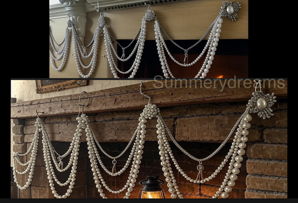 Fairytale Fireplace Mantel Garland with faux pearls and rhinestones -Handcrafted
