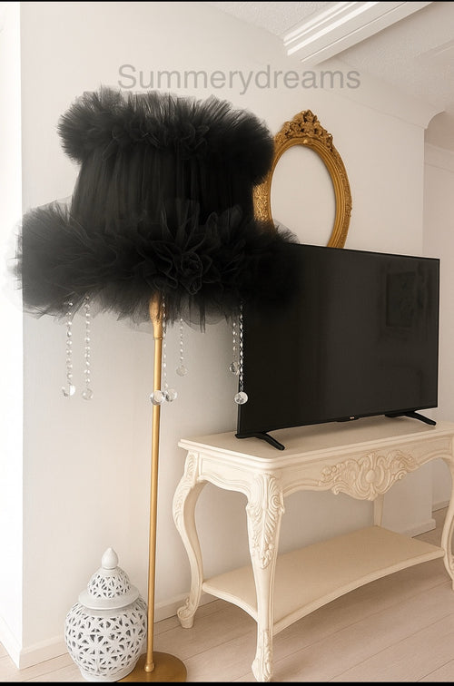 Black floor lampshade with crystal embellishments and bronze base