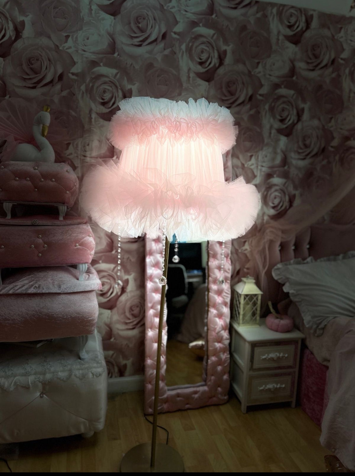 Black floor lampshade with crystal embellishments and bronze base