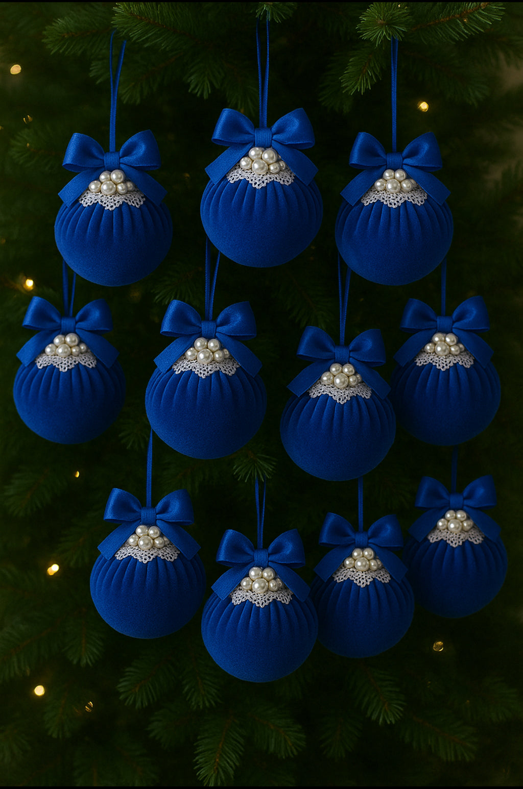 Set of 10 Velvet and pearls Christmas baubles
