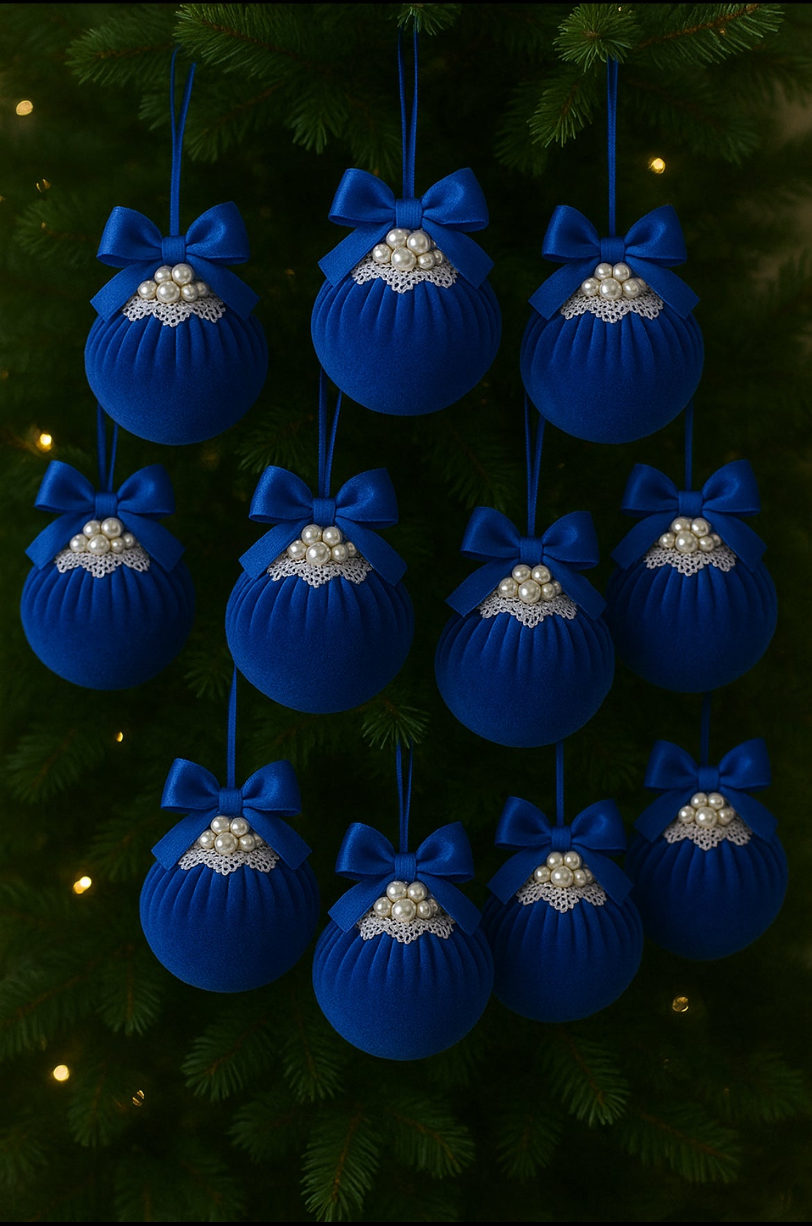Set of 10 Velvet and pearls Christmas baubles
