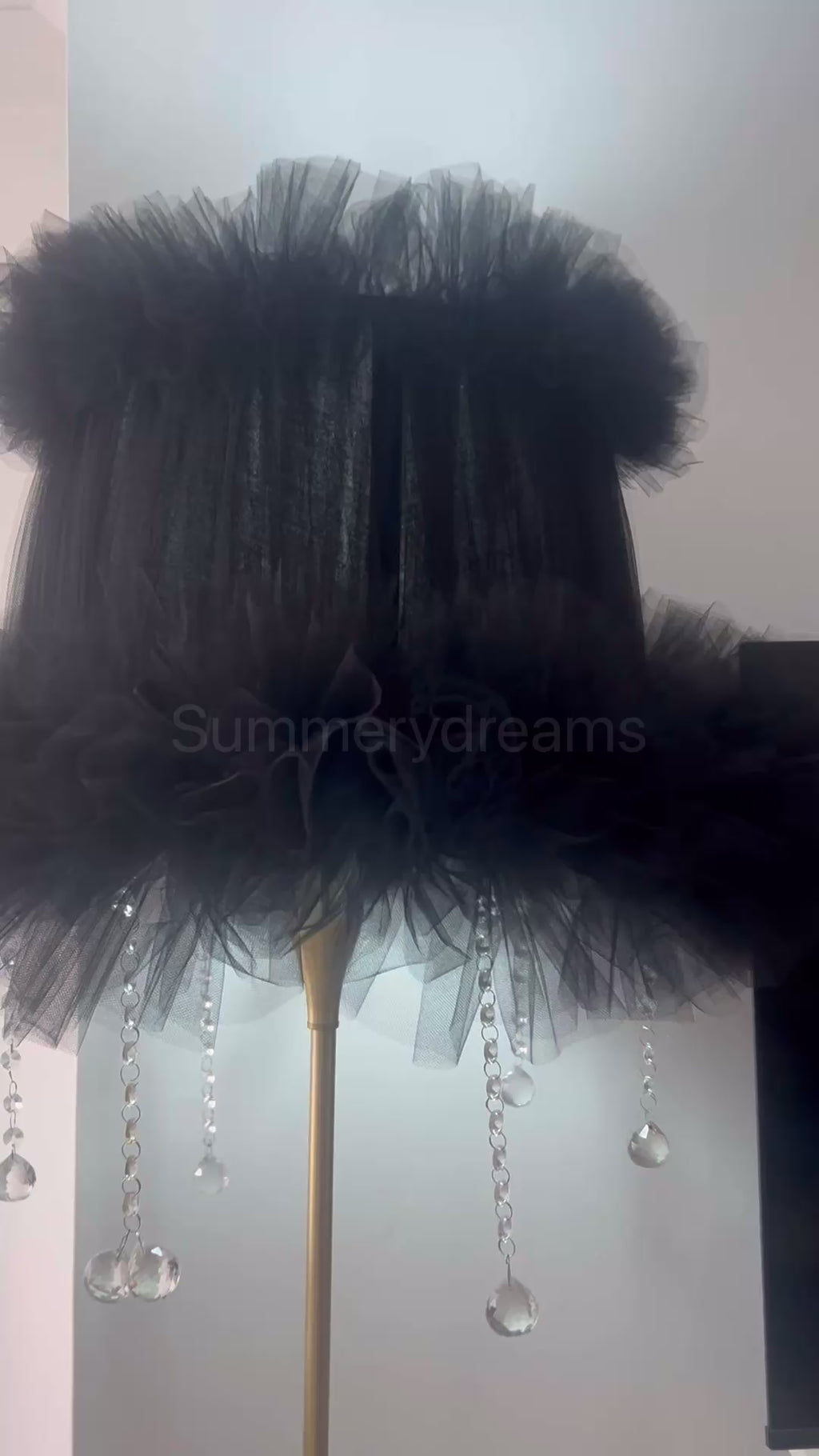 Black floor lampshade with crystal embellishments and bronze base